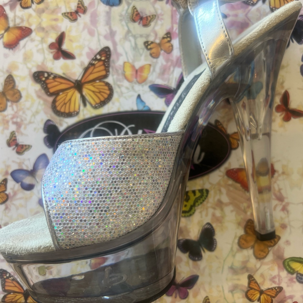 Pleaser Silver and Clear Platform Heels